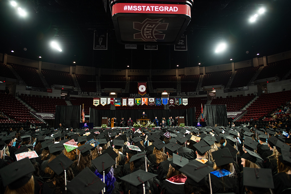 A wide picture of graduation ceremonies inside Humphrey Coliseum
